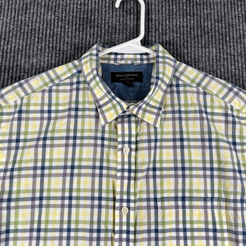 Banana‎ Republic Shirt Mens Large White Plaid Short Sleeve Slim Fit Button Up